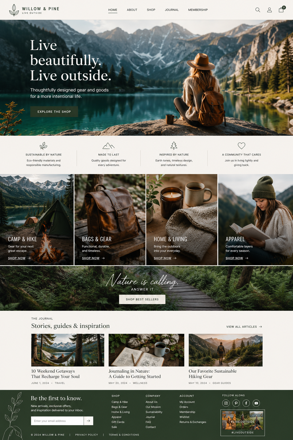 Willow & Pine outdoor lifestyle website mockup